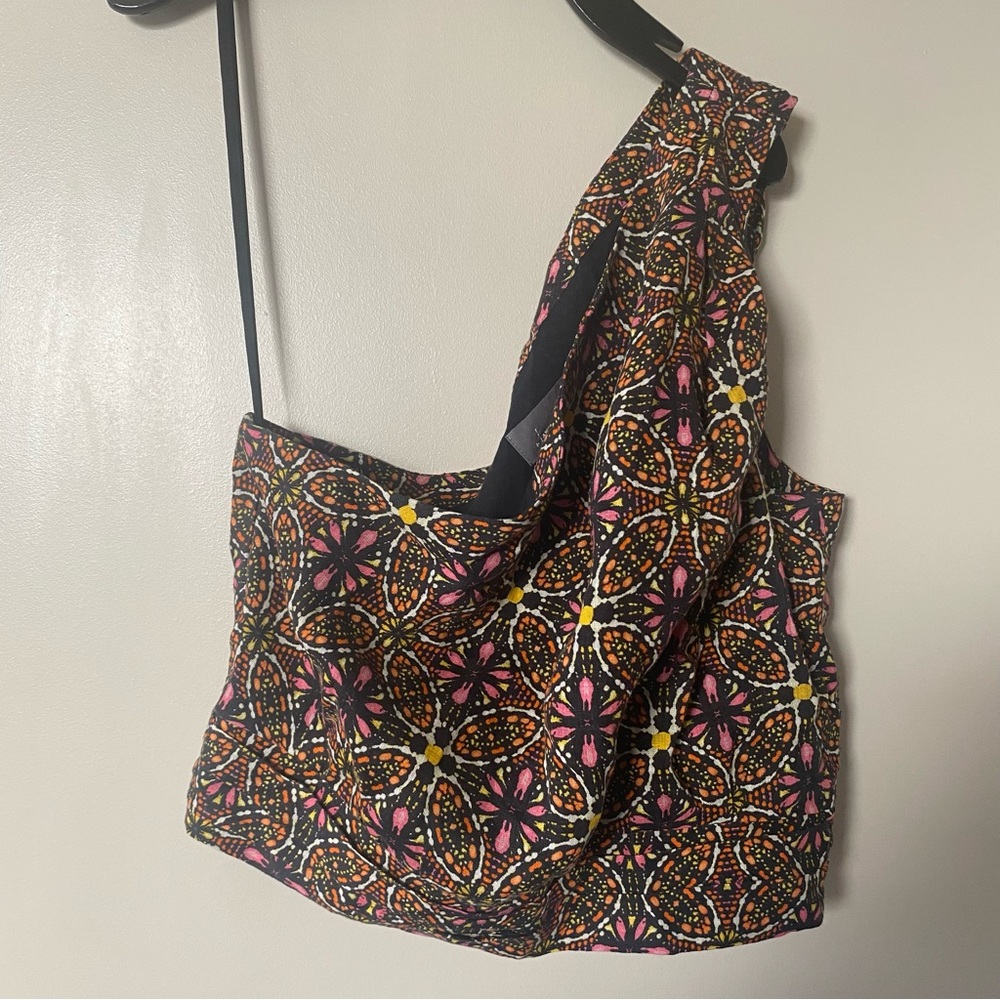 NWT Anthropologie | Brown Printed One-Shoulder 100% Linen Cropped Top, M - Picture 3 of 7